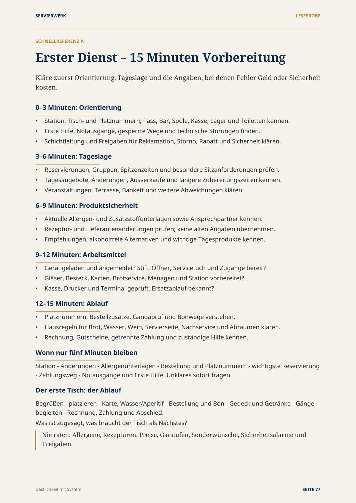Originalseite 77: Schnellreferenz für die Vorbereitung des ersten Dienstes. Die fünf Zeitblöcke und weiteren Hinweise folgen als Text.